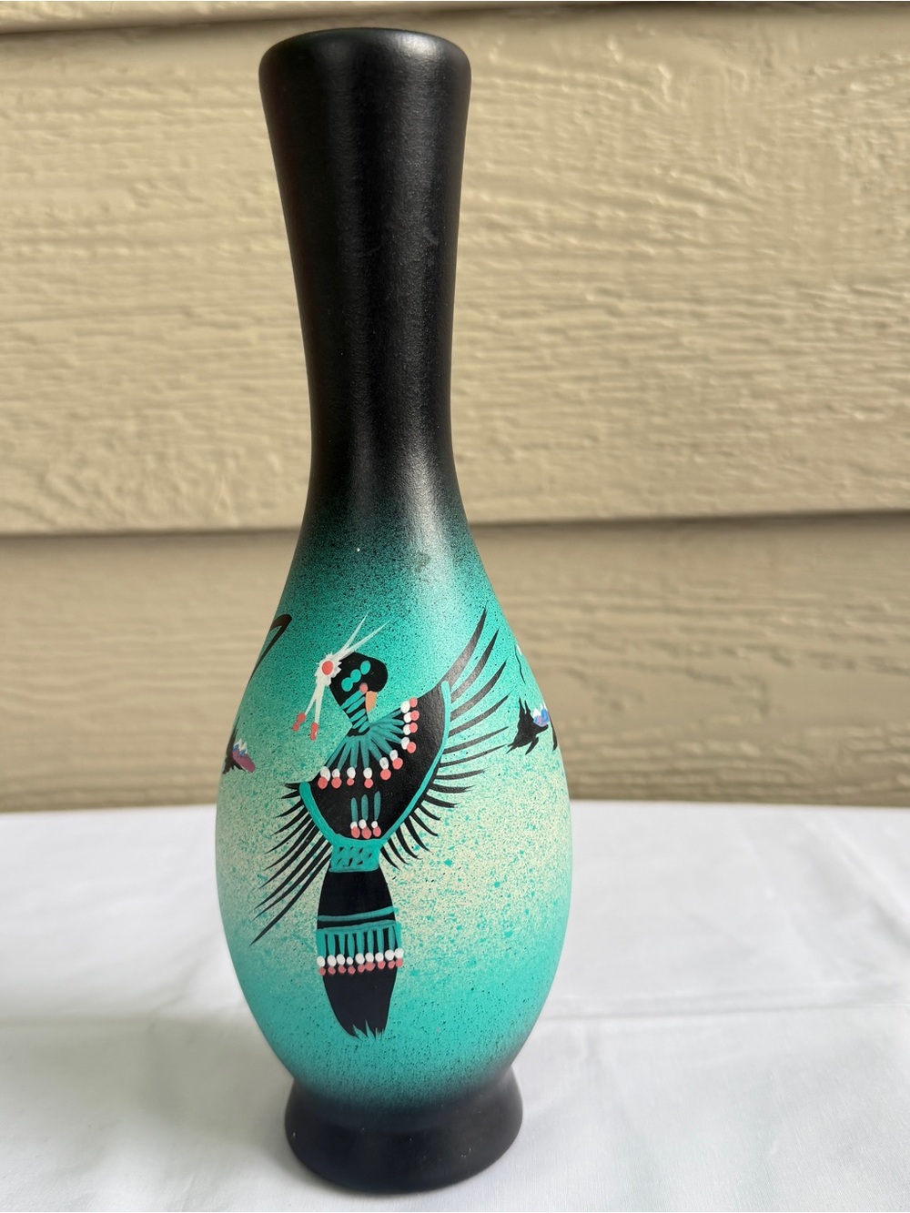Pottery Navajo Native American Hand Painted Bud Vase 9" Signed Drake Green Bird